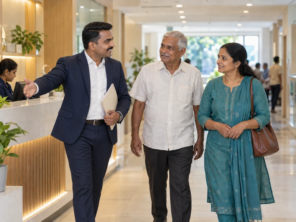 Illustrative scene of Satish accompanying a family at a hospital